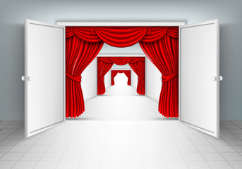 entrance doors with red curtains