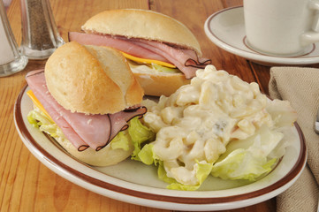 Ham sandwich and macaroni salad