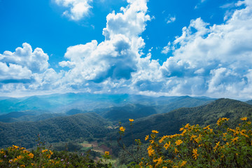 Mountains and clouds in the sky