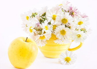 Still life with apple and a cup with white chrysanthemums