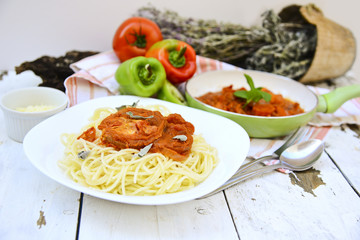 Mediterranean food in saucepan