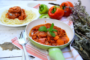 Mediterranean food in saucepan