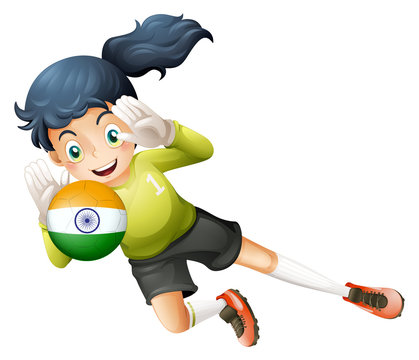 A female player using the ball with the flag of India