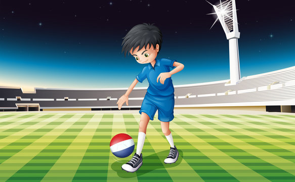 A soccer player kicking the ball with the flag of Netherlands