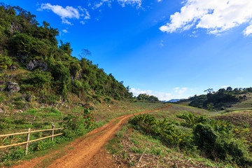Moc Chau plateau with blue sky, mountain and pathway