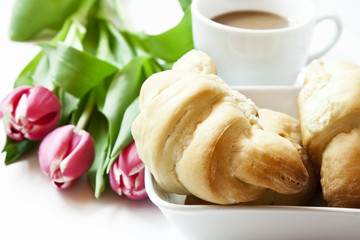 French Breakfast with Croissants Coffee and Flowers