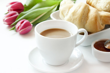 Morning Coffee Cup Croissants and Flowers