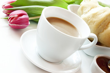 Morning Coffee Cup Croissants and Flowers