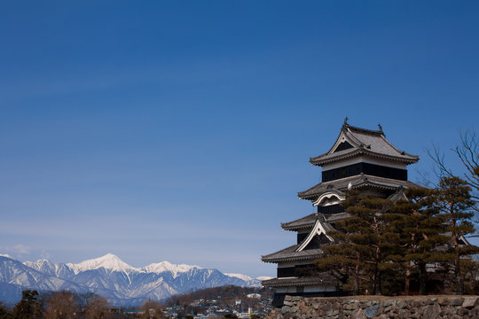日本の城と雪山