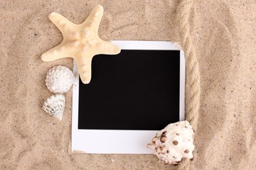 Photo with seashells and starfish on sand