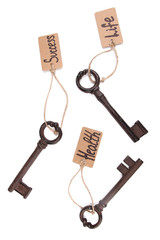 Keys to happiness, Conceptual photo. Isolated on white