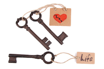 Keys to love, Conceptual photo. Isolated on white
