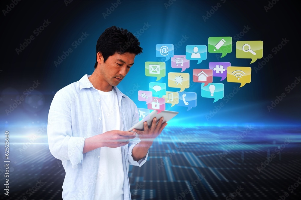 Poster casual man using tablet with app icons