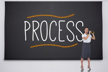 Shocked businesswoman with binoculars against the word process