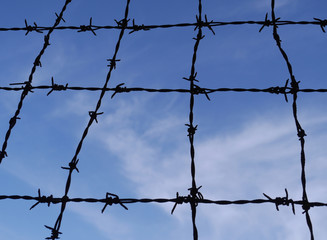 Black barbed wire, blue sky