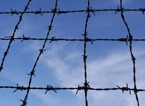 Black barbed wire, blue sky