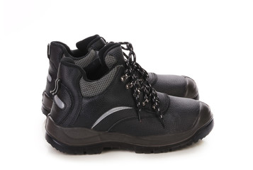 Black man's boots with gray bar.