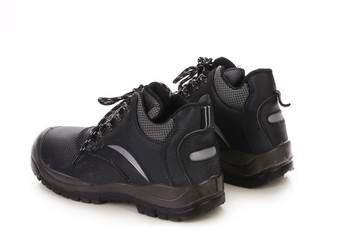 Black man's boots with gray bar.