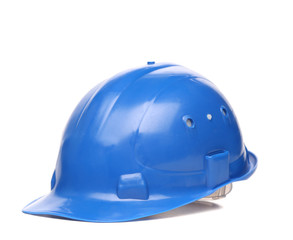 Blue hard hat close up.