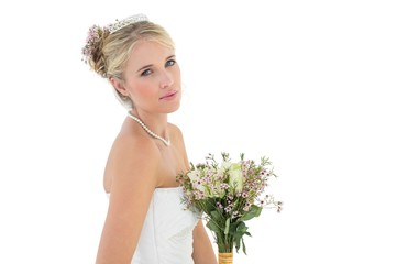 Bride with flower bouquet over white background