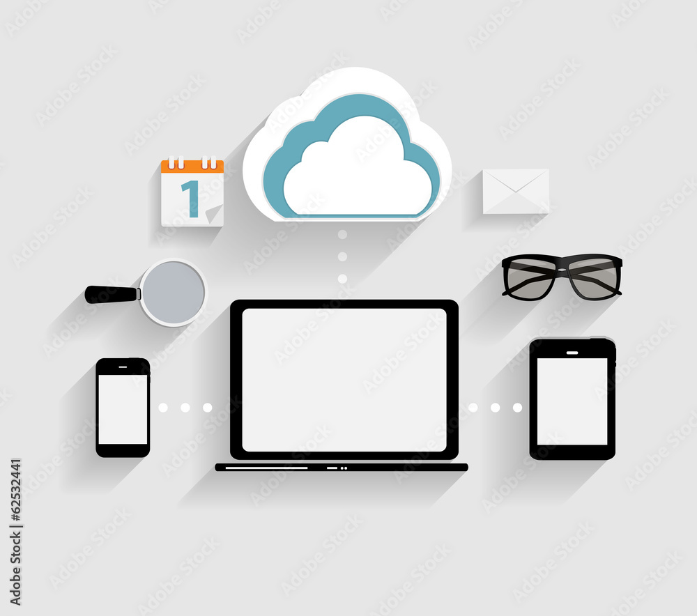 Poster cloud computing concept on different electronic devices. vector