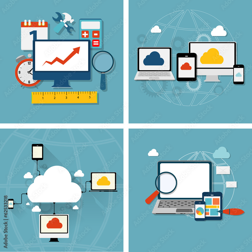 Poster cloud computing concept on different electronic devices. vector