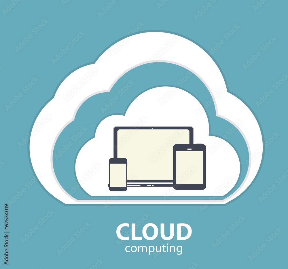 Aufkleber cloud computing concept on different electronic devices. vector