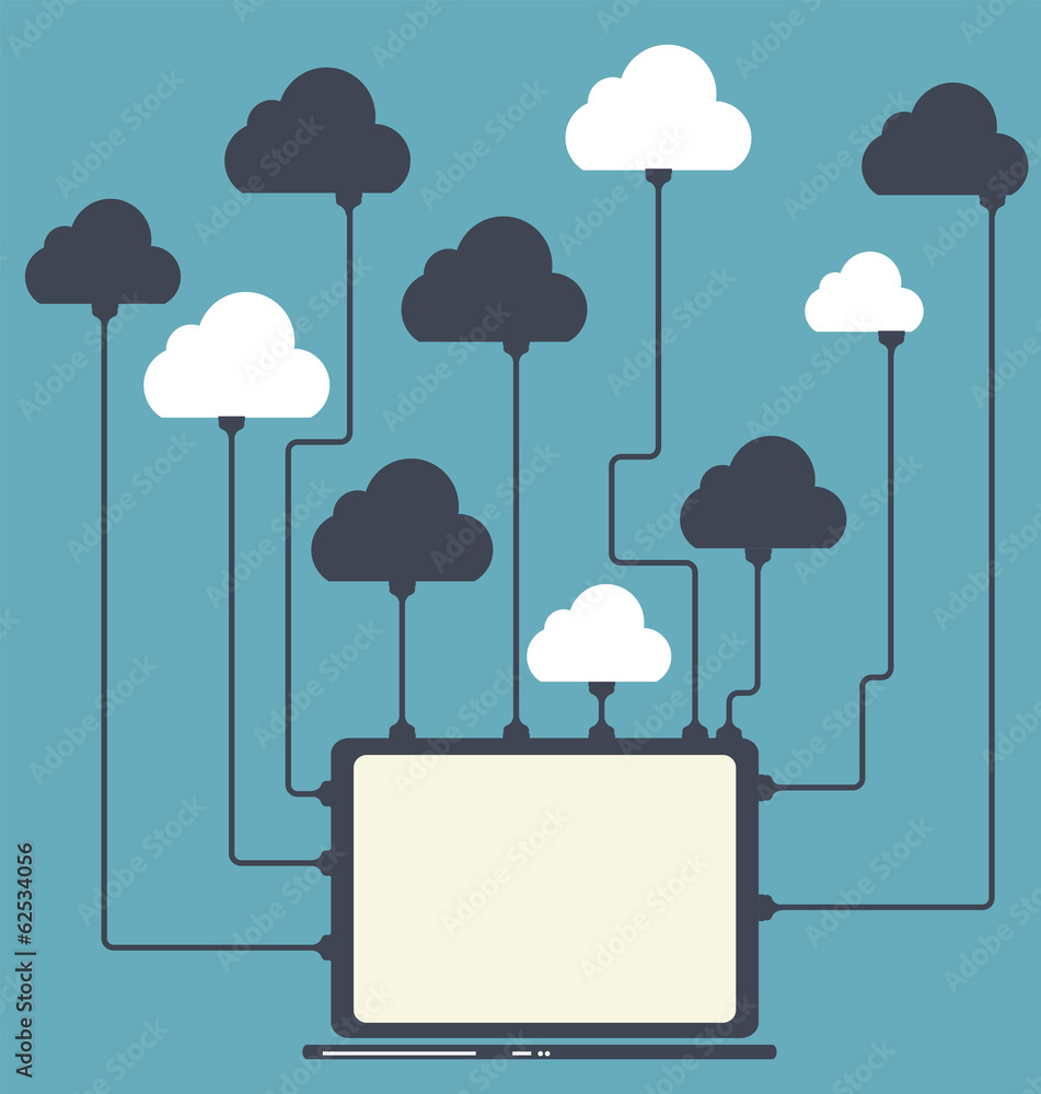 Poster cloud computing concept on different electronic devices. vector