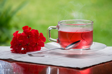 strawberry tea in cup outdoors