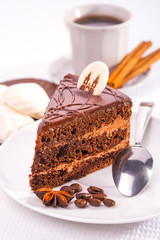 delicious chocolate cake and cup of coffee