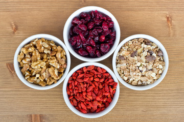 Obraz na płótnie Canvas Breakfast muesli, goji berries, walnuts, berries
