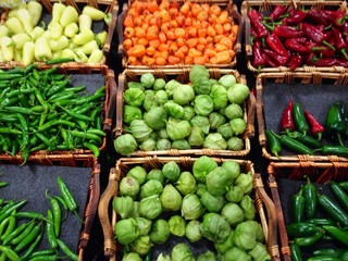 Beautiful selection of hot peppers at the farmers market.