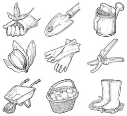 Naklejka premium Vector set of garden icons at at engraved style