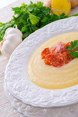 potato cream soup with chorizo and garlic