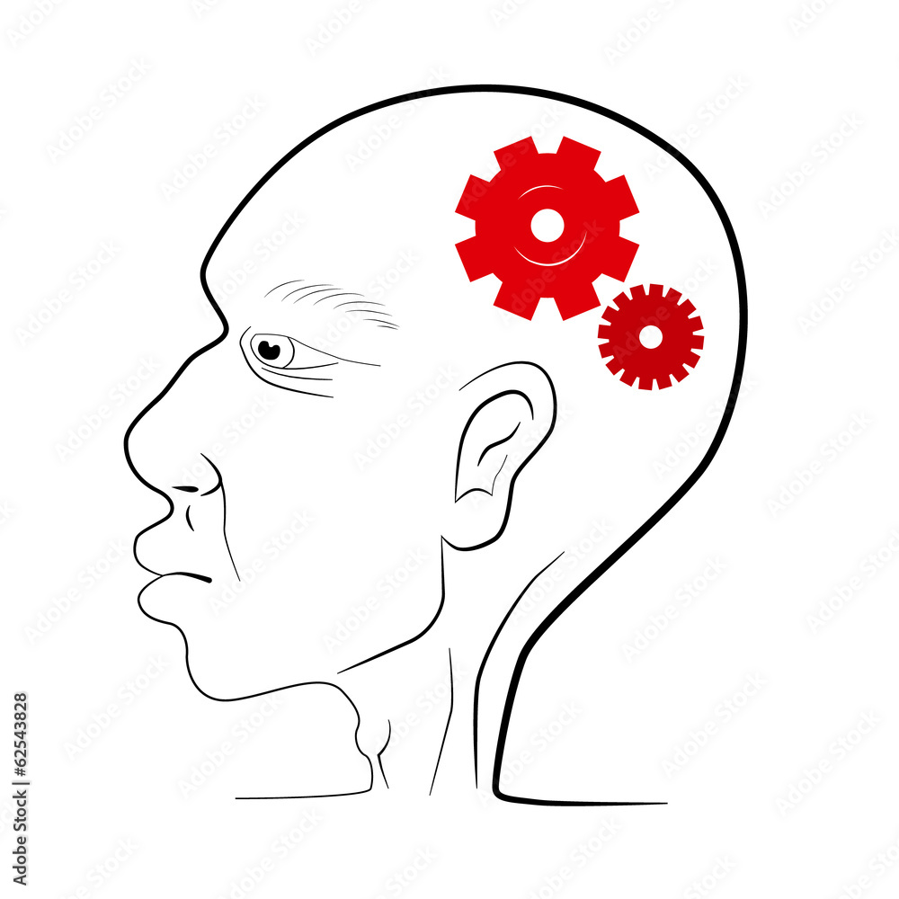 Poster man head vector illustration with red cogs - gears