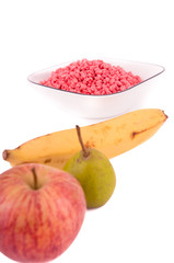 pink cereal breakfast on a bowl WITH FRUIT