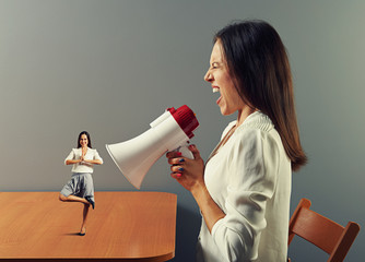 businesswoman shouting at small calm woman