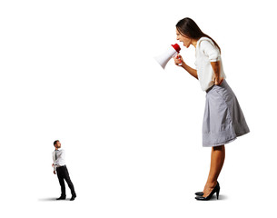scared man going away from big angry woman
