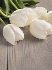 white tulips on old wood table