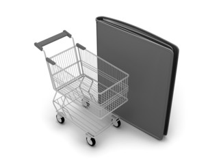 Shopping cart and black leather wallet on white background