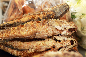 Fried snakehead in the market
