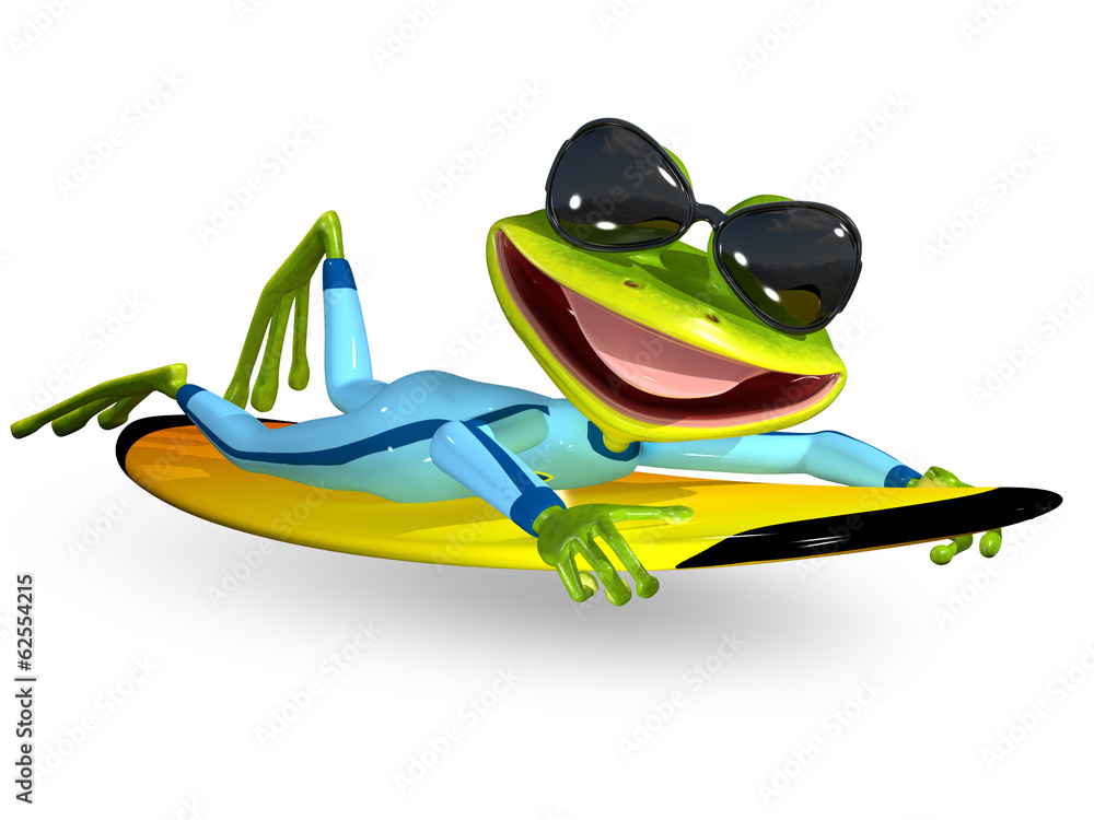 Wall mural green frog on a surfboard