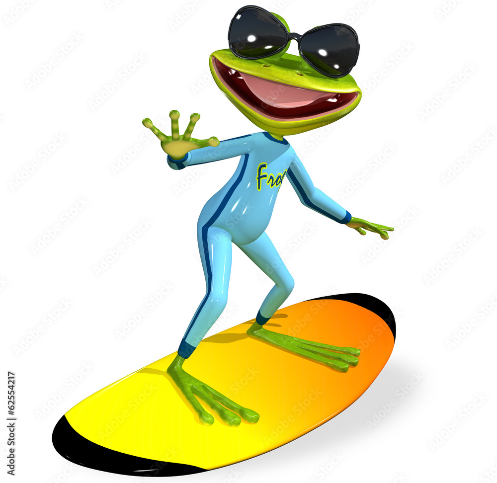 Wall mural green frog on a surfboard