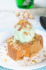 chiffon cake topped with pistachio ice cream