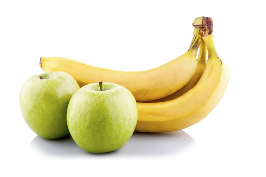 Green Apples And Bananas White Isolated