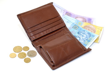 Purse with the Ukrainian money on a white background