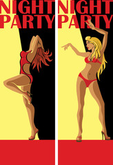 Two dancing female.Night party.Vertical banner