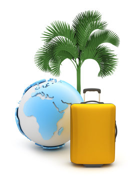 Suitcase, earth globe and palm tree on white background