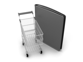 Shopping cart and black leather wallet on white background