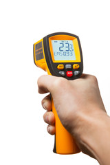 infrared laser thermometer in hand isolated on white